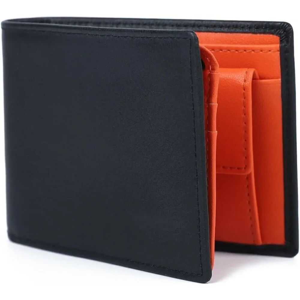 Men's Orange Front Coin Pocket Flip Up Leather Wallet Card Blocking Slim Bifold